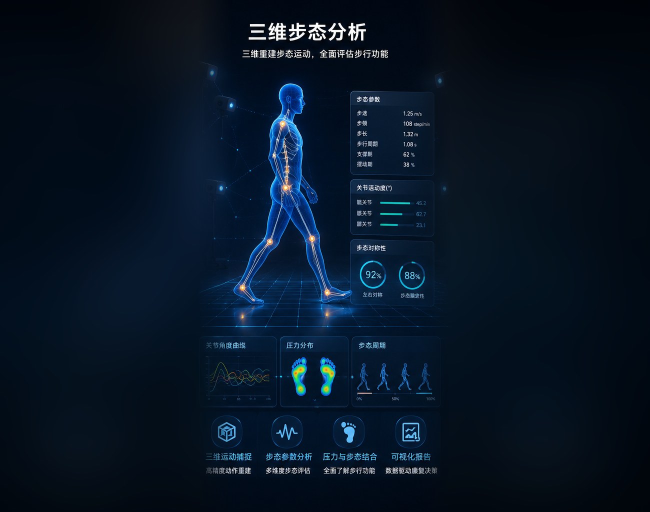 三维步态分析：步态参数、关节活动度曲线与步态对称性