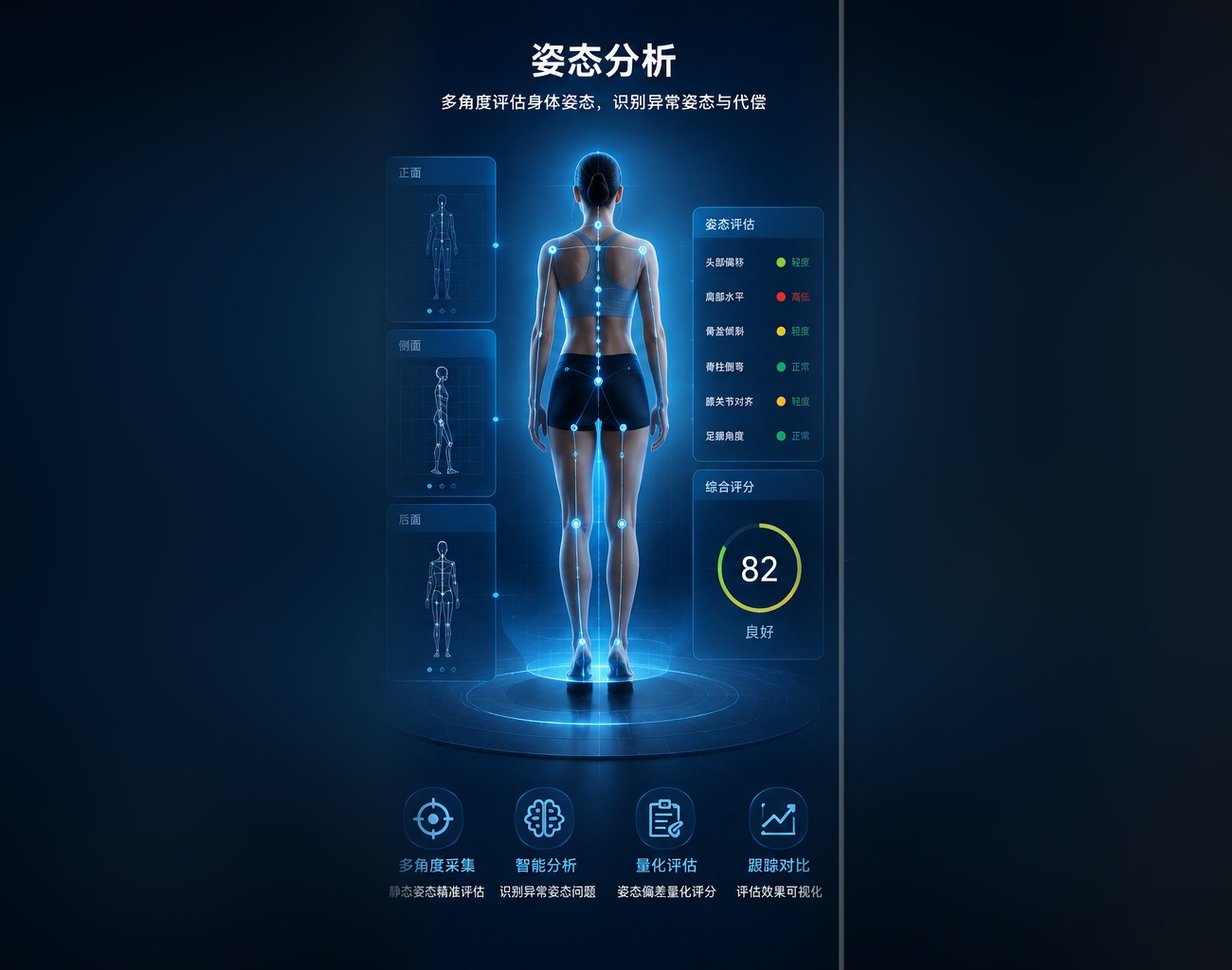 姿态分析：正面／侧面／后面多角度体态与脊柱评估、综合评分
